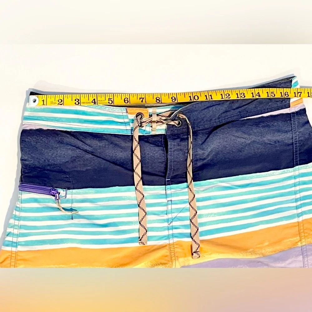 Patagonia Swim Board Shorts Trunks Mens 34 Blue Orange Striped Beach zip Pocket